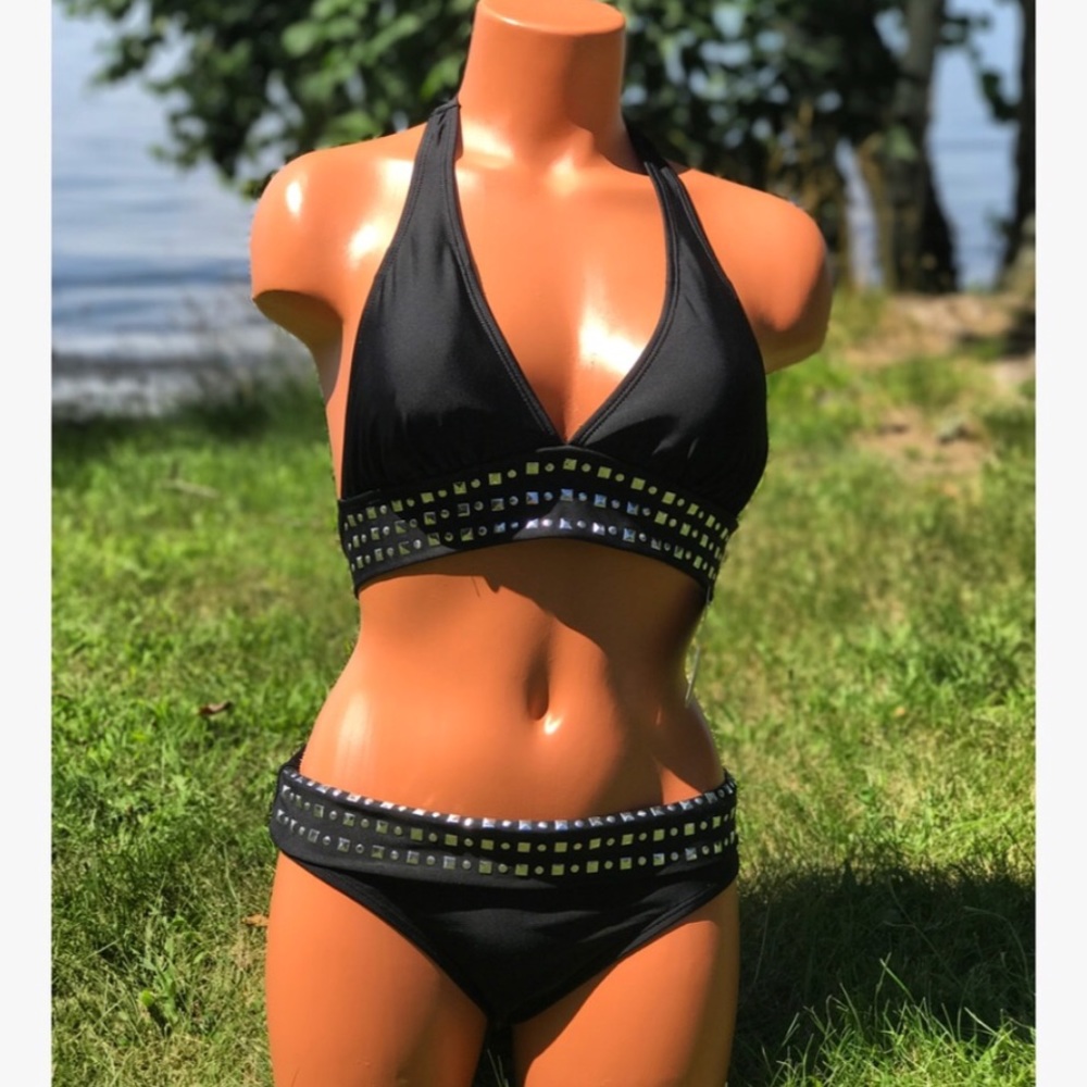 Black 2pc bikini halter top and fold over bottom